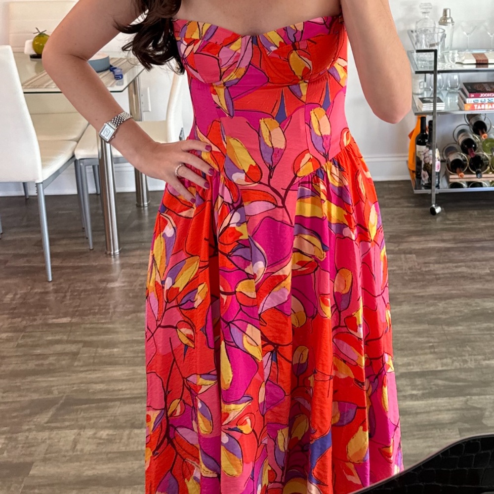 Pink Pleated Bustier Midi Dress for Wedding Guests